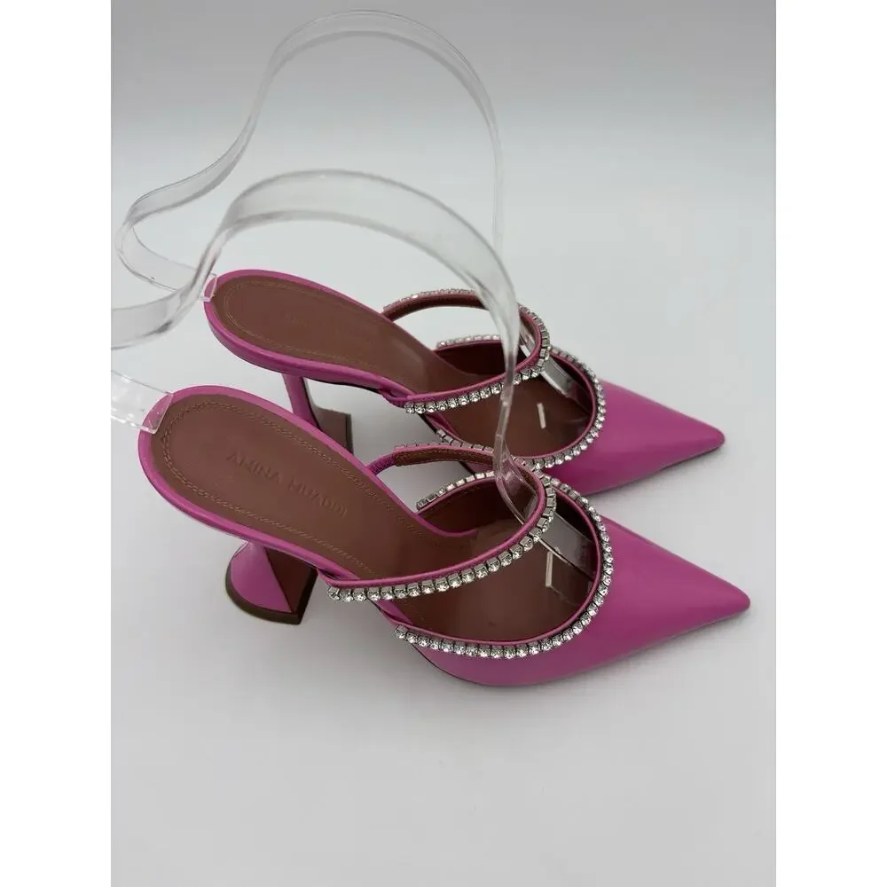 Amina Muaddi Gilda Mules Crystal Pink Patent Leather Size 36.5 / 6.5